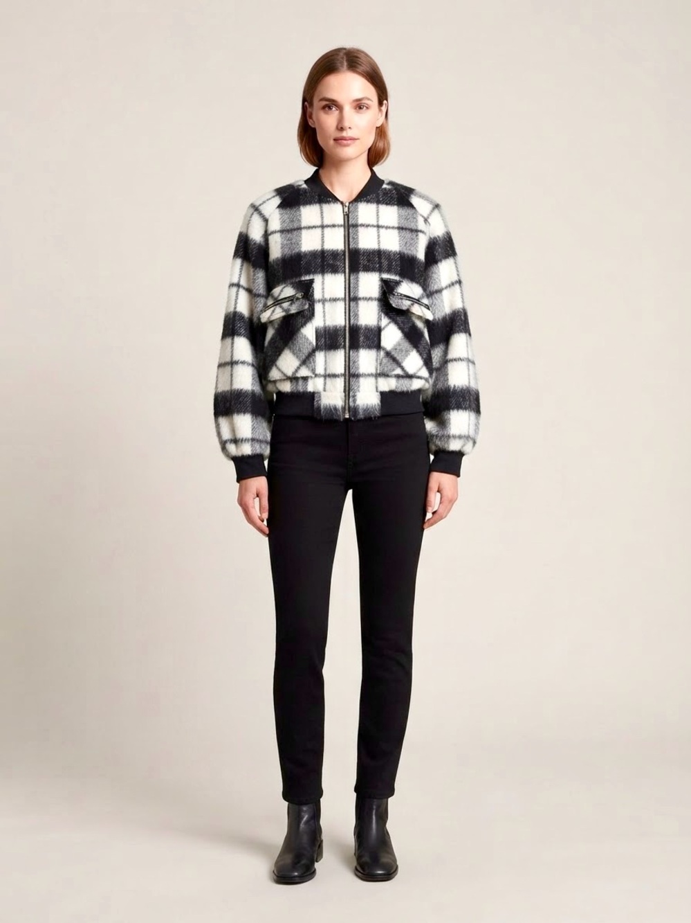 Forever 21 Black & White Fuzzy Plaid Bomber Jacket - Size M